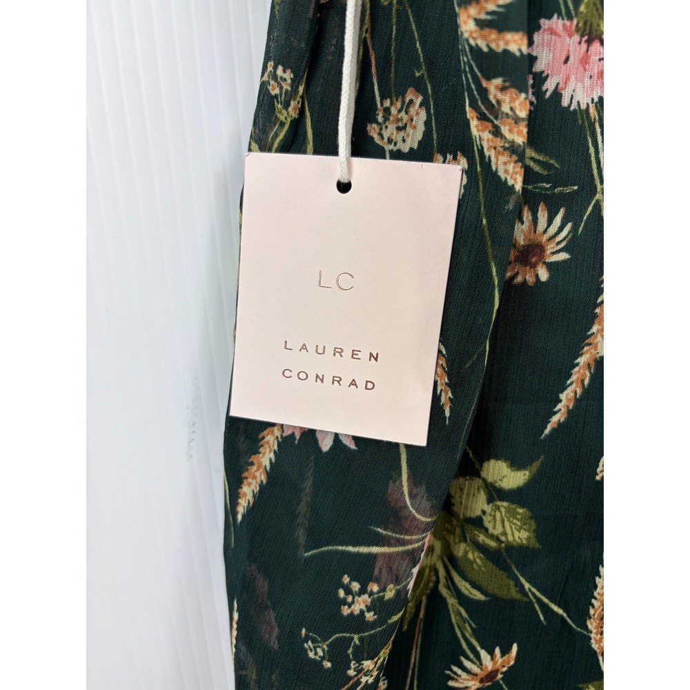 LC Lauren Conrad Top Womens Small Green Floral Sheer Flutter Sleeve Blouse Chic - Picture 4 of 8